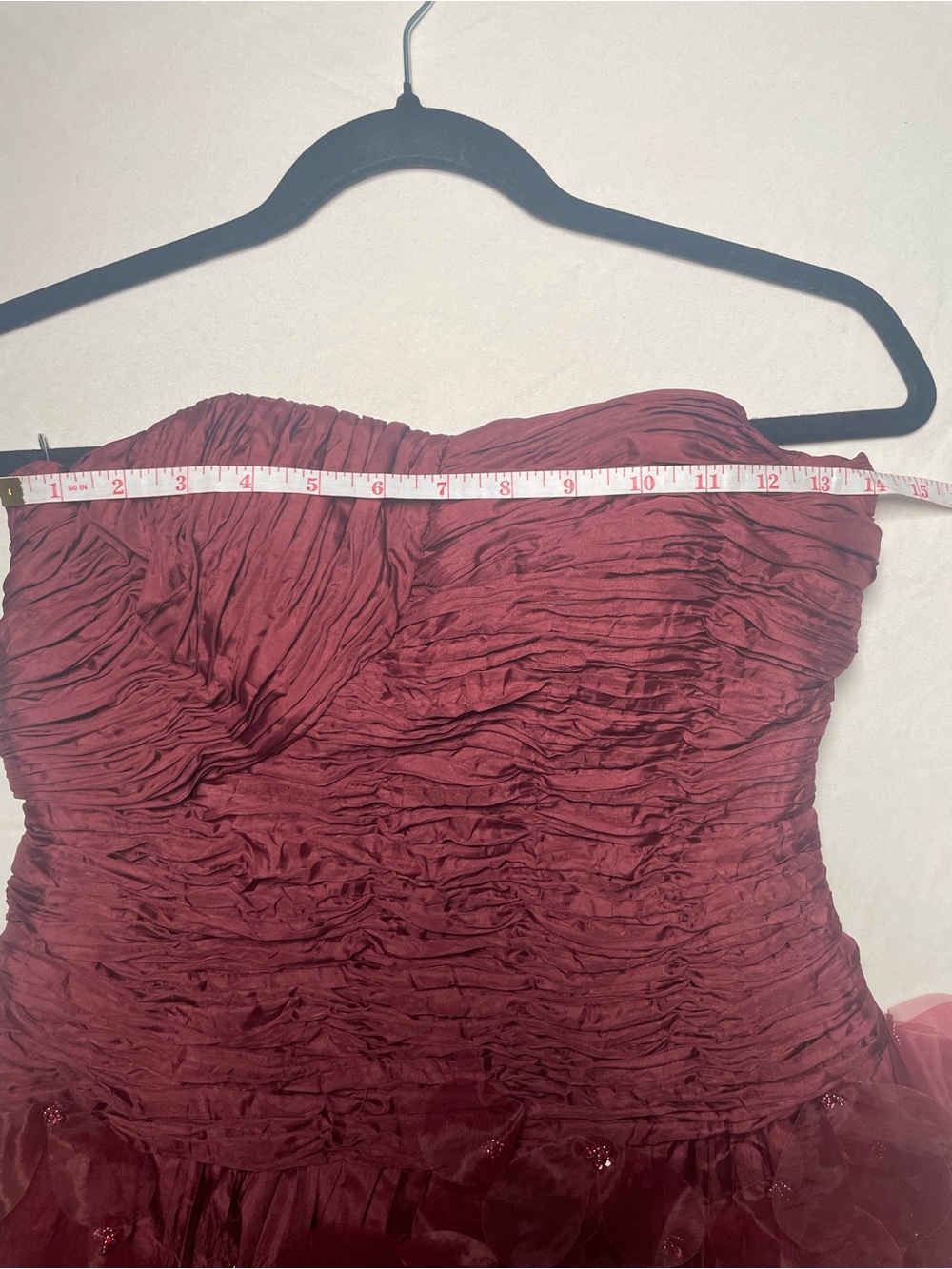 Y2K Vintage Sue Wong Ruched Beaded Floral Appliqué Mini Dress Burgundy Size 4 - Picture 5 of 7